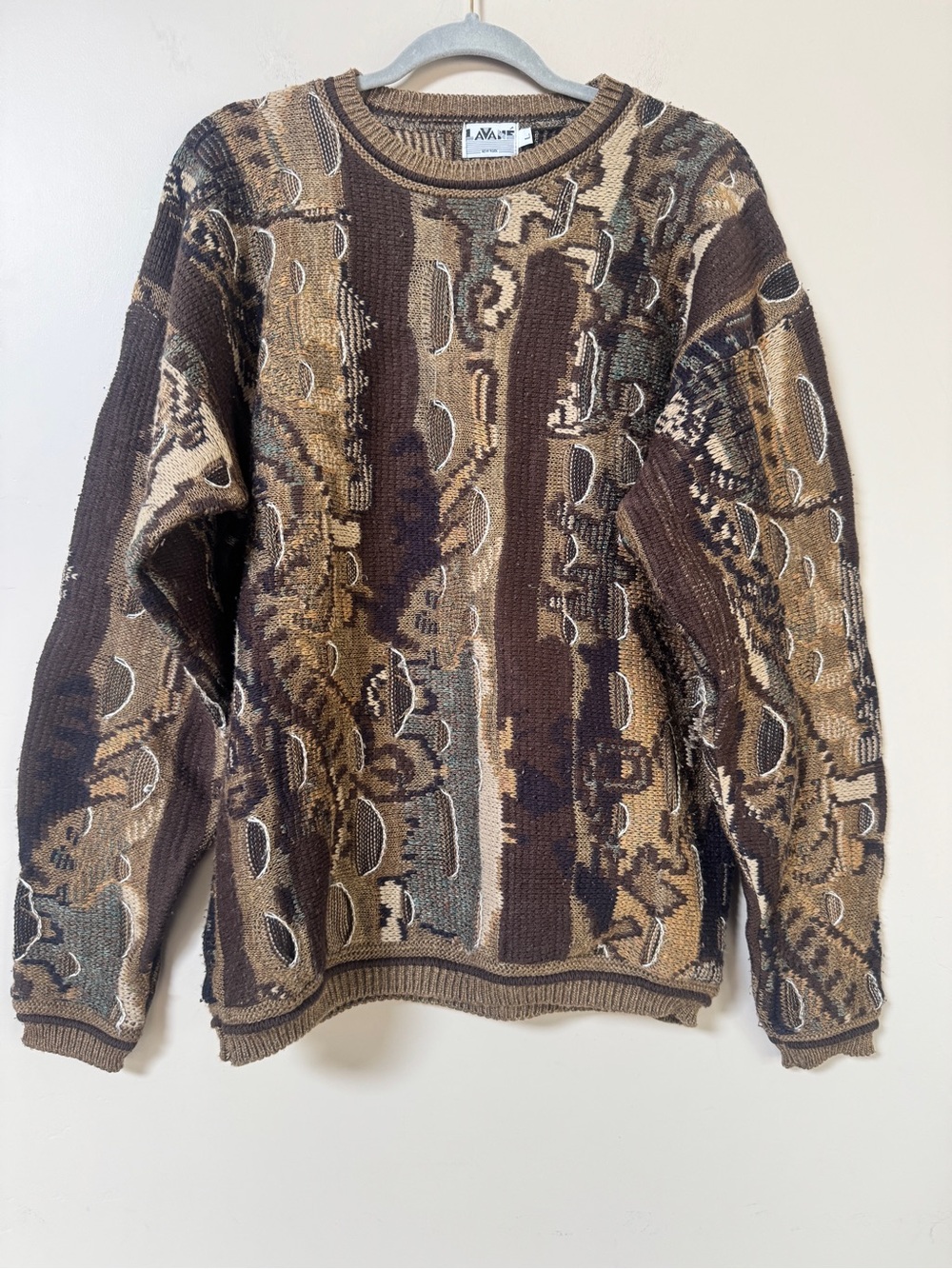 VTG 80s 90s LaVané NY 3D Knit Textured Crewneck Sweater Coogi Dupe sz Large